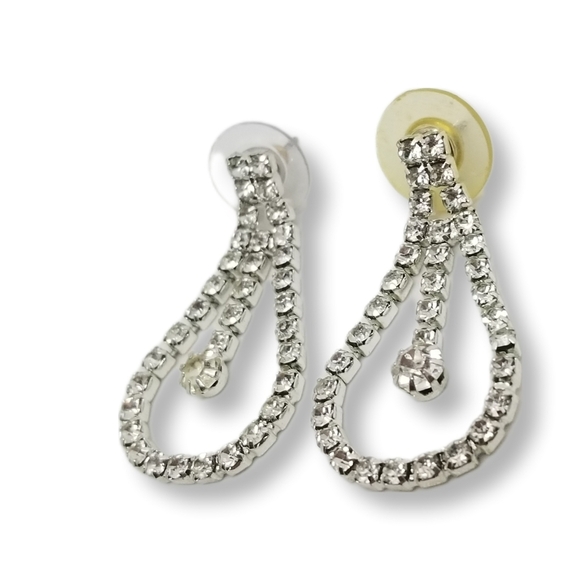 VINTAGE SILVERTONE & DIAMANTE CRYSTAL DROP STATEMENT EARRINGS - Picture 4 of 5
